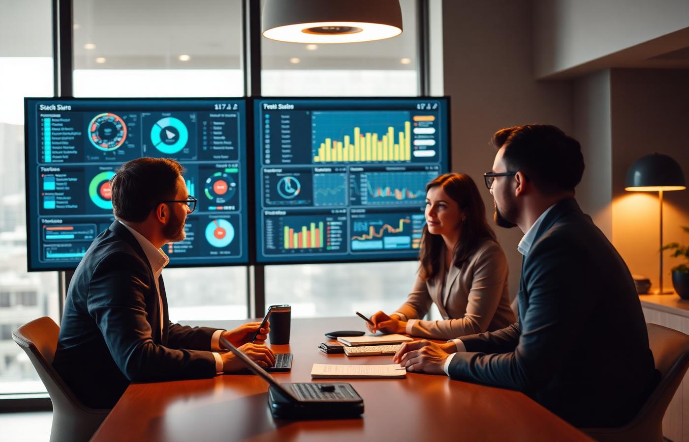 Team reviewing analytics dashboards in a modern office
