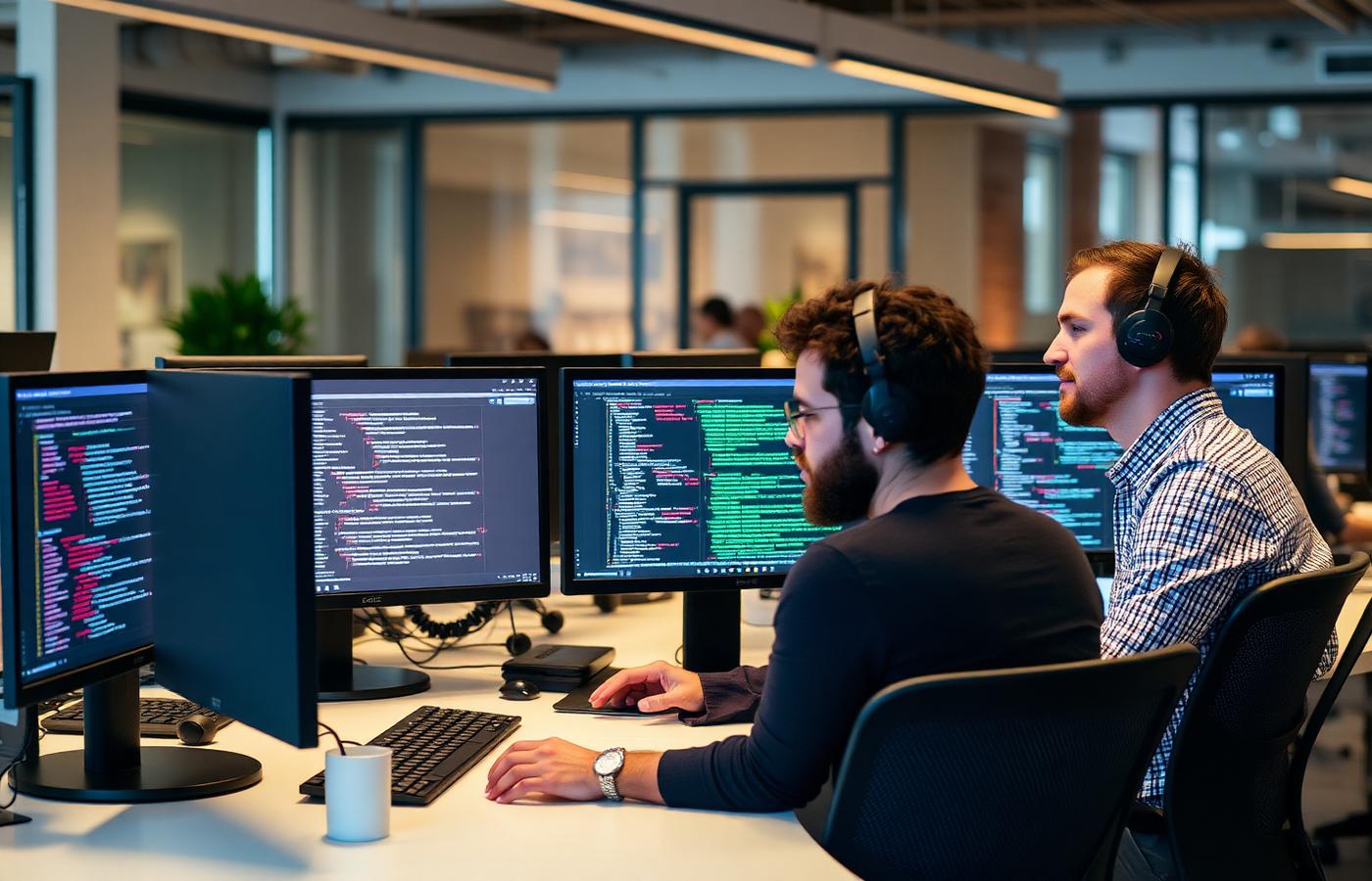 Two software engineers reviewing code together on multiple monitors